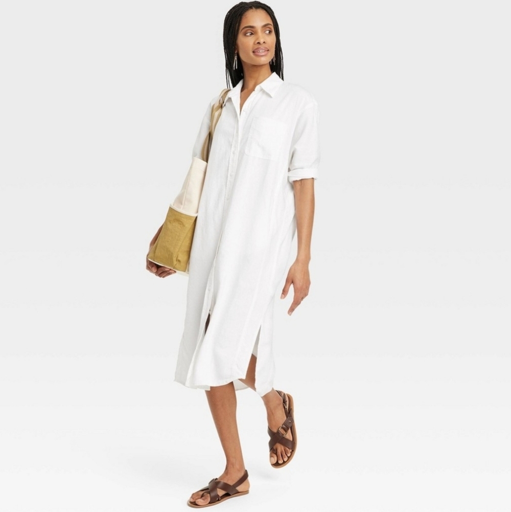 NEW! Women's Cotton 3/4 Sleeve Midi Shirtdress Universal Thread White M - Picture 3 of 16